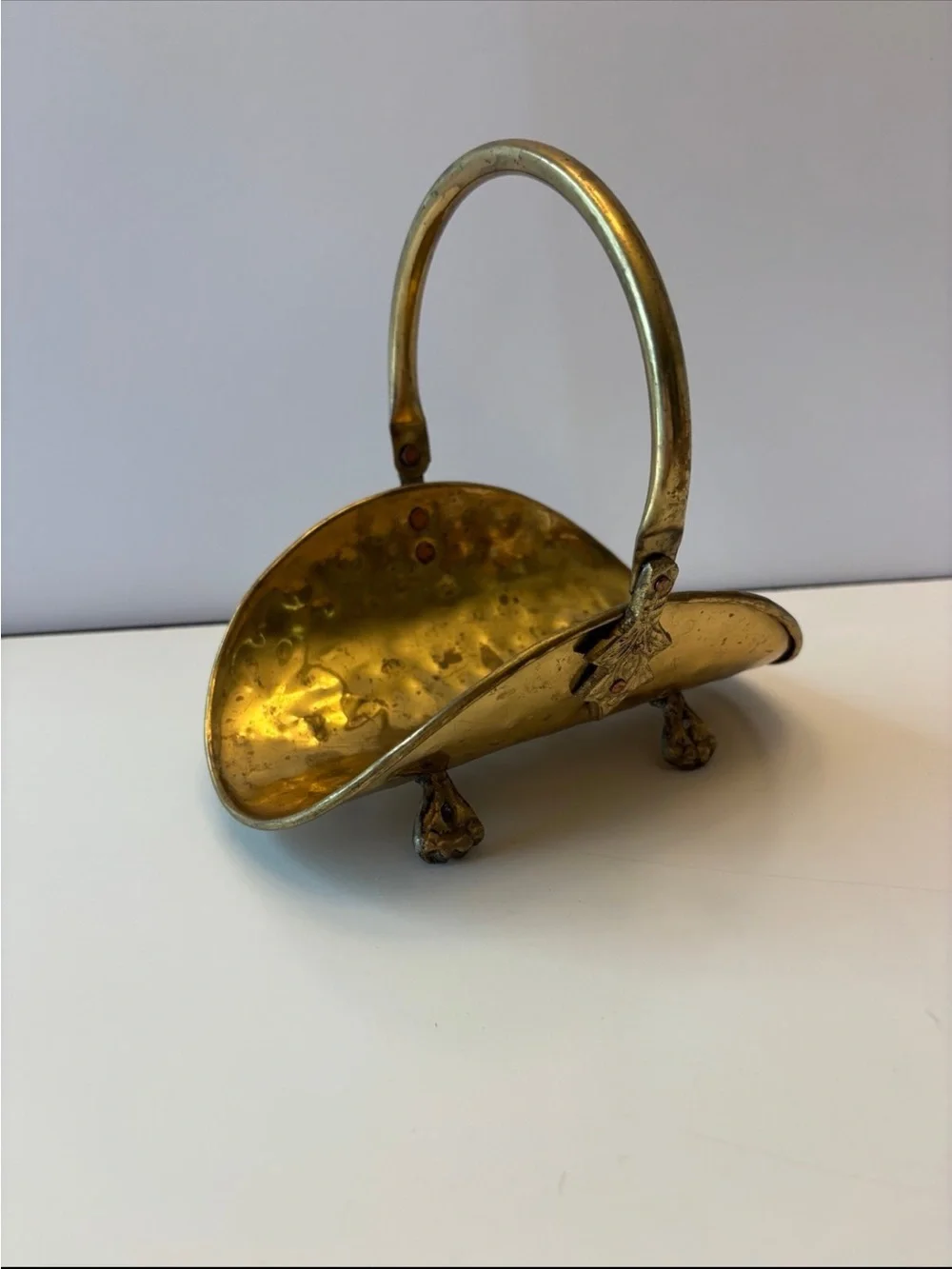 Vintage footed hammered brass mini basket/ mini log holder